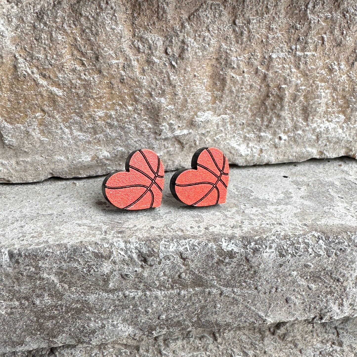 Basketball Heart Stud Earrings Stone Background Up Close