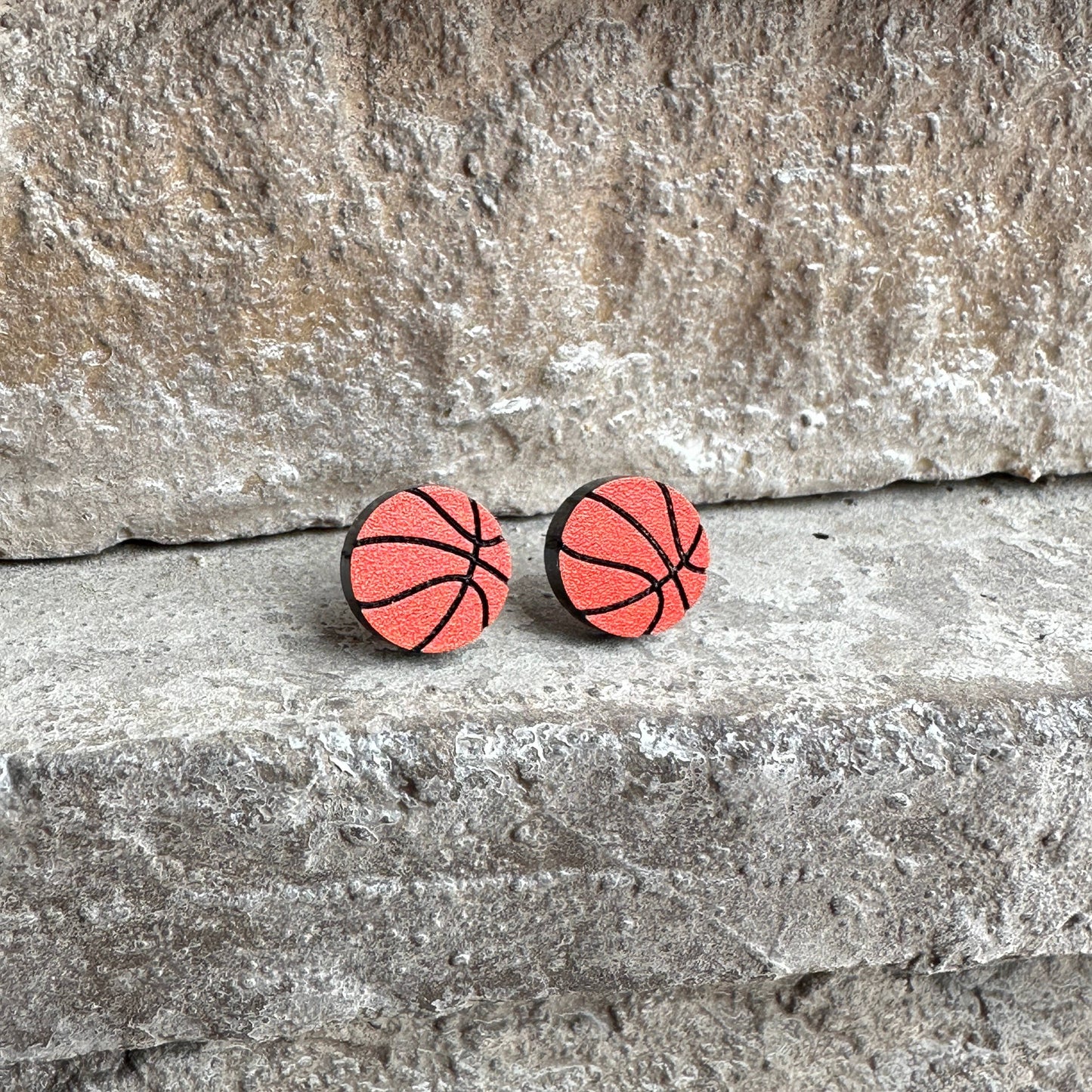 Basketball Round Stud Earrings Stone Background Up Close 2