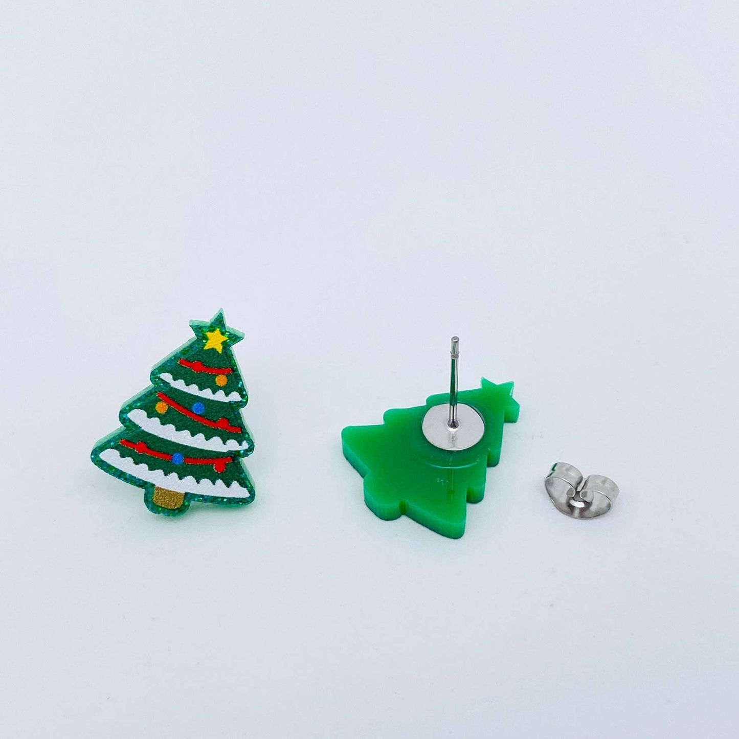 Glitter Decorated Christmas Tree Stud Earrings Front and Back