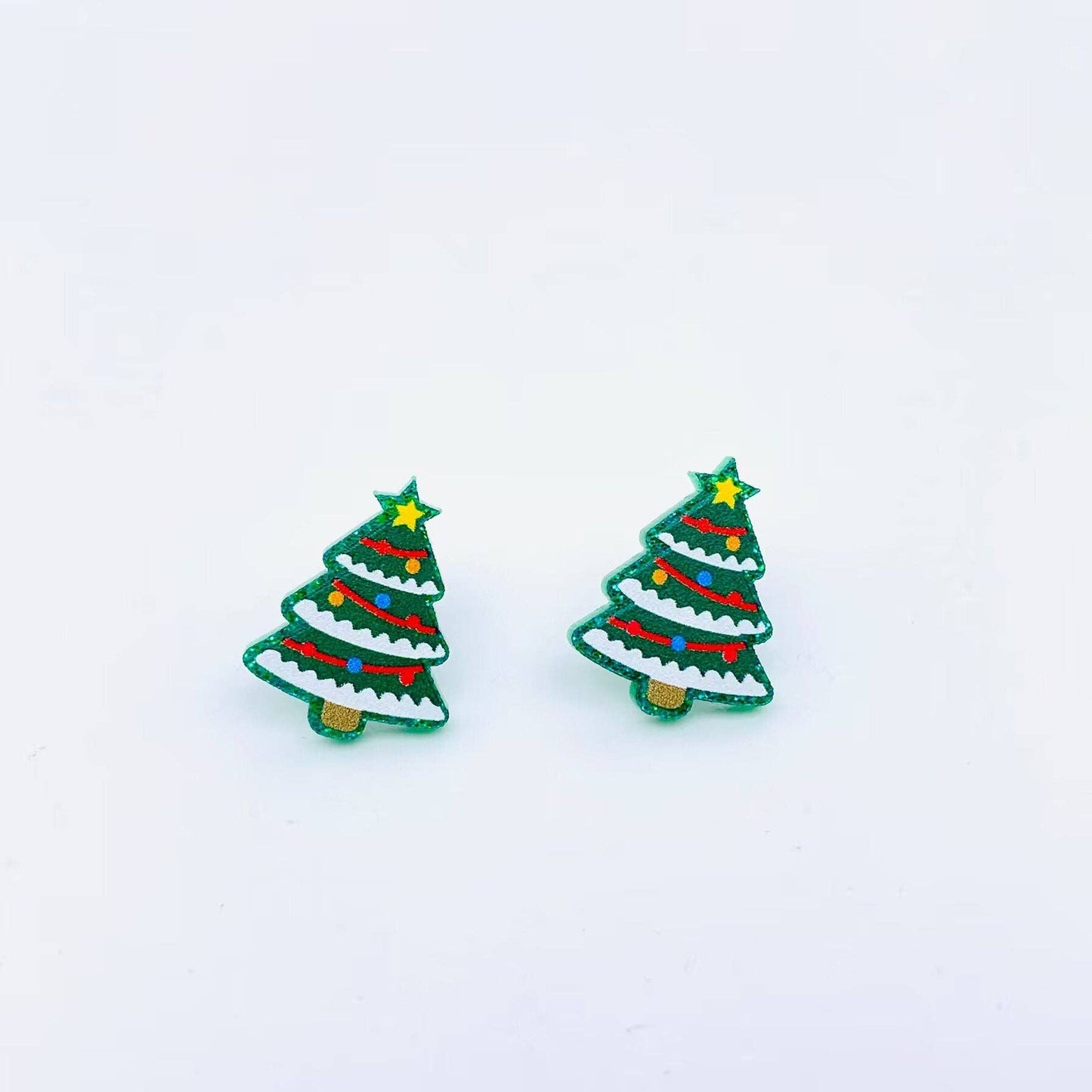Glitter Decorated Christmas Tree Stud Earrings White Background