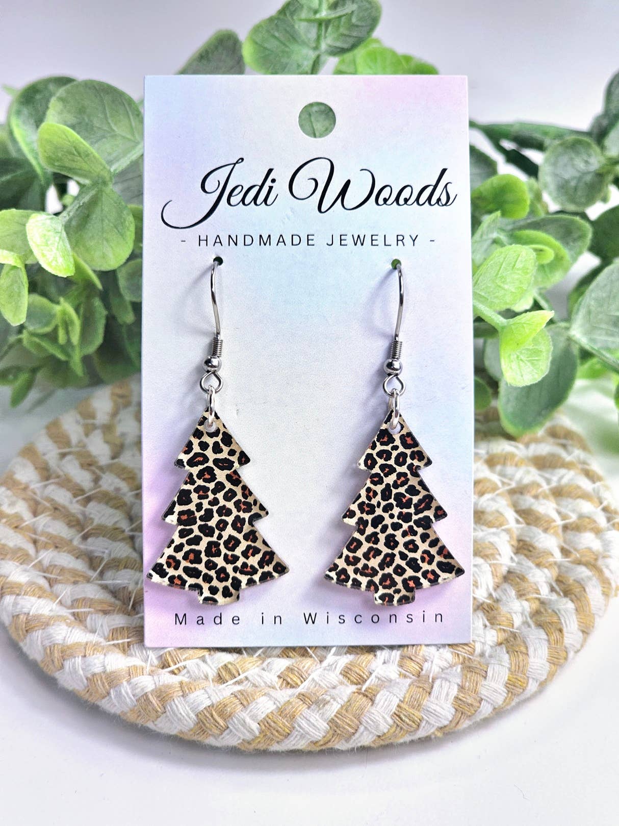 Leopard Print Christmas Tree Earrings on Earring Card