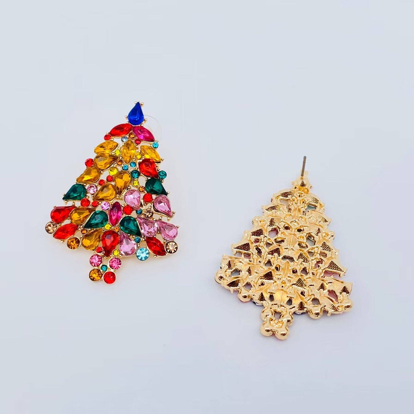 Rainbow Jeweled Christmas Tree Earrings Front and Back