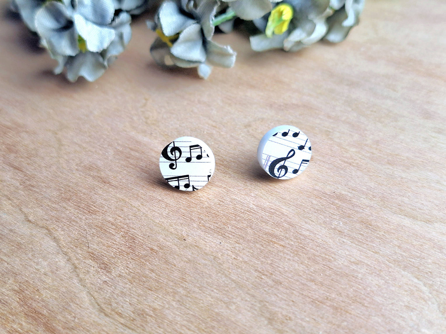 Round Music Stud Earrings Up Close