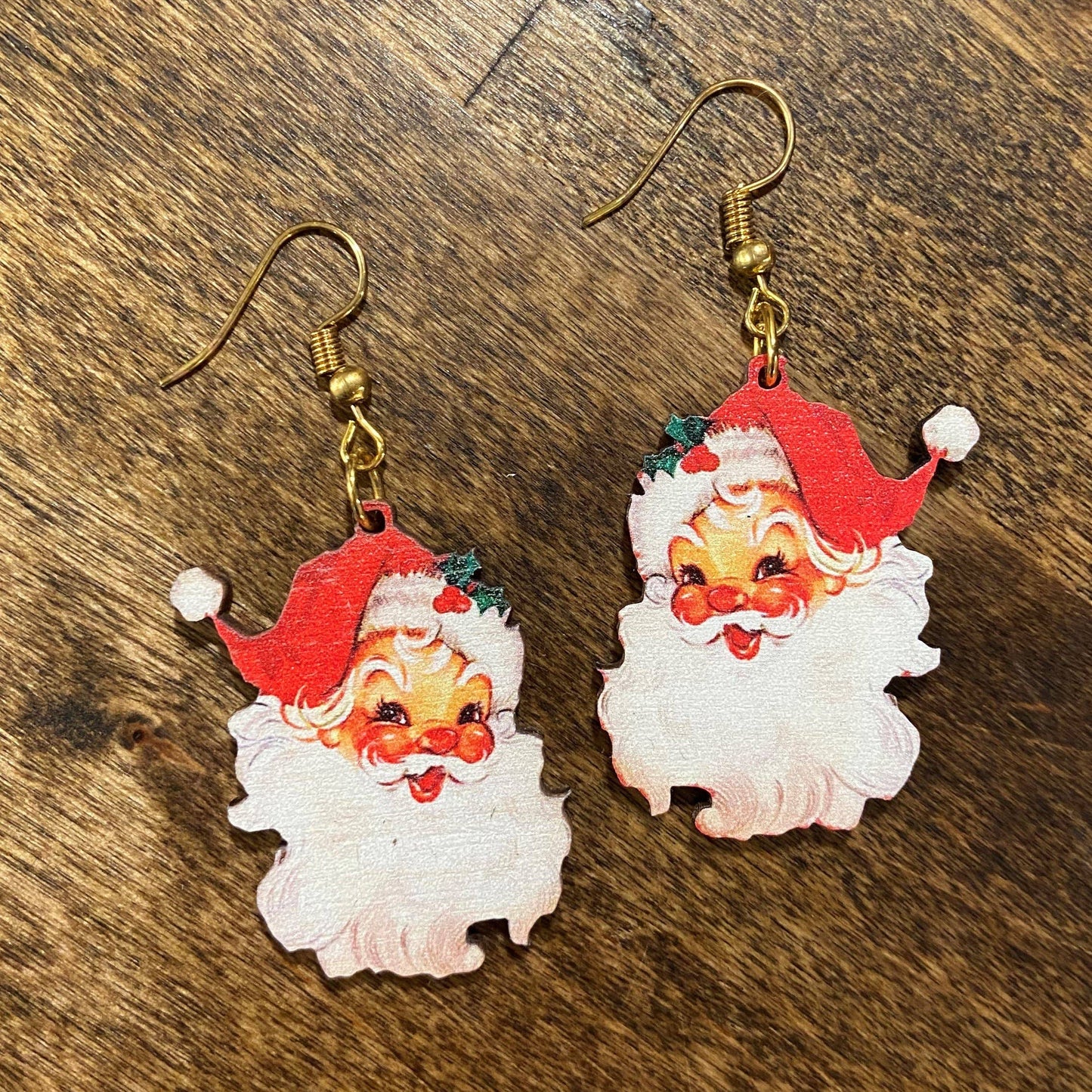Vintage Santa Earrings Wooden Background