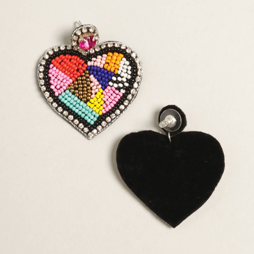 Large Colorful Beaded Heart Earrings