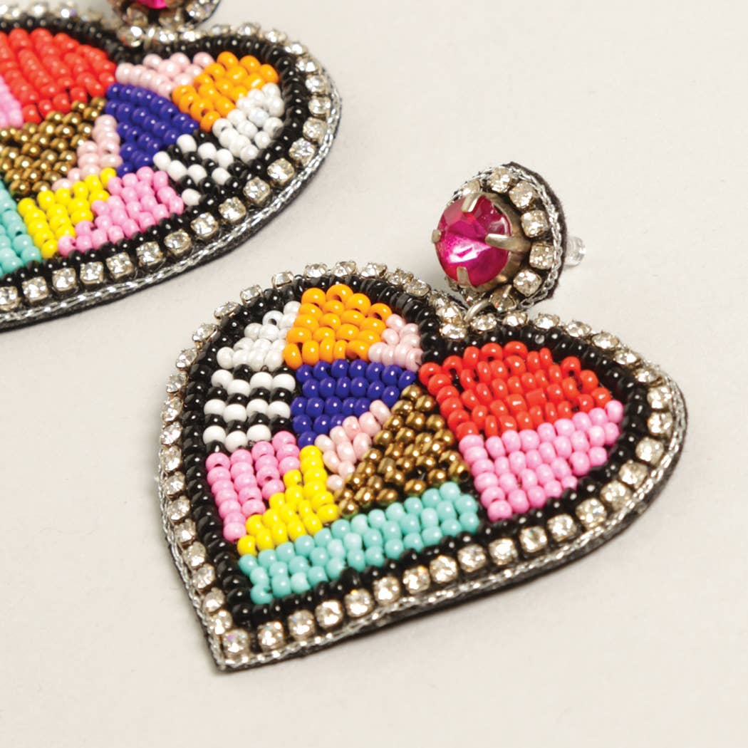 Large Colorful Beaded Heart Earrings