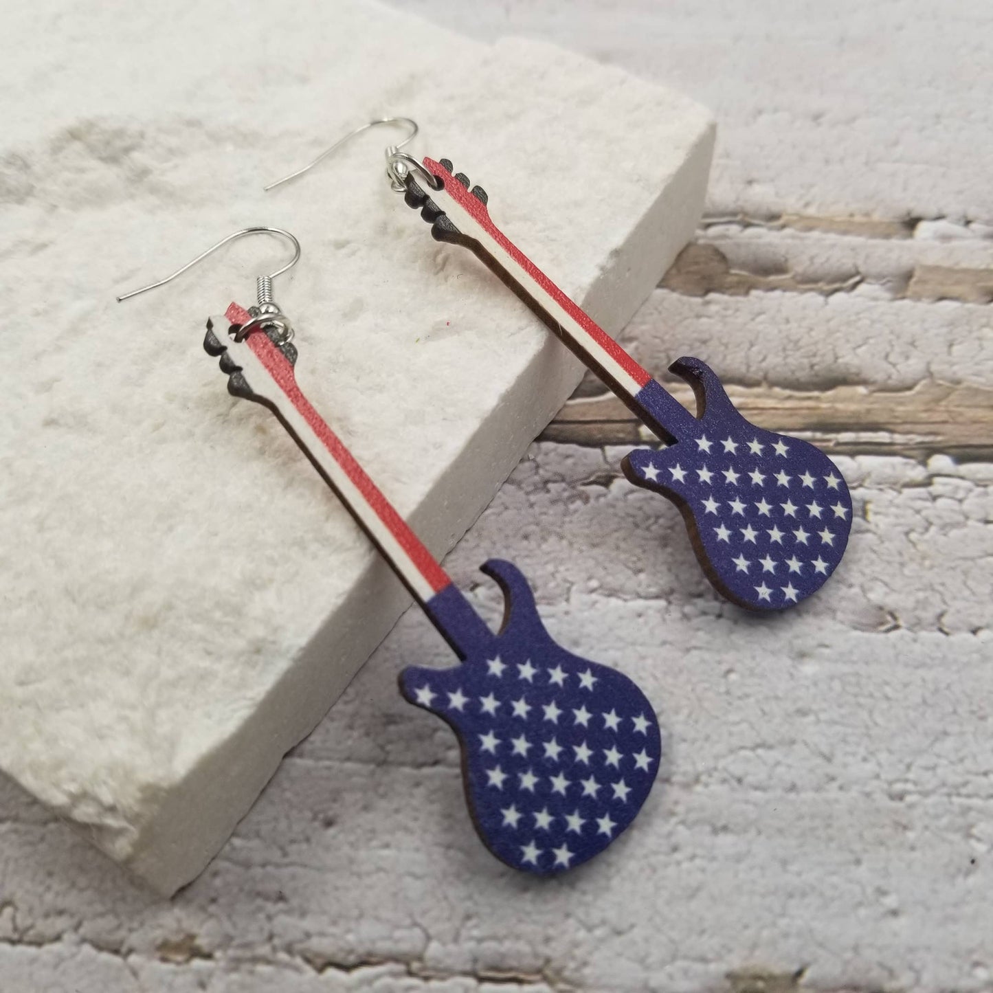 American Flag Guitar Earrings Angled