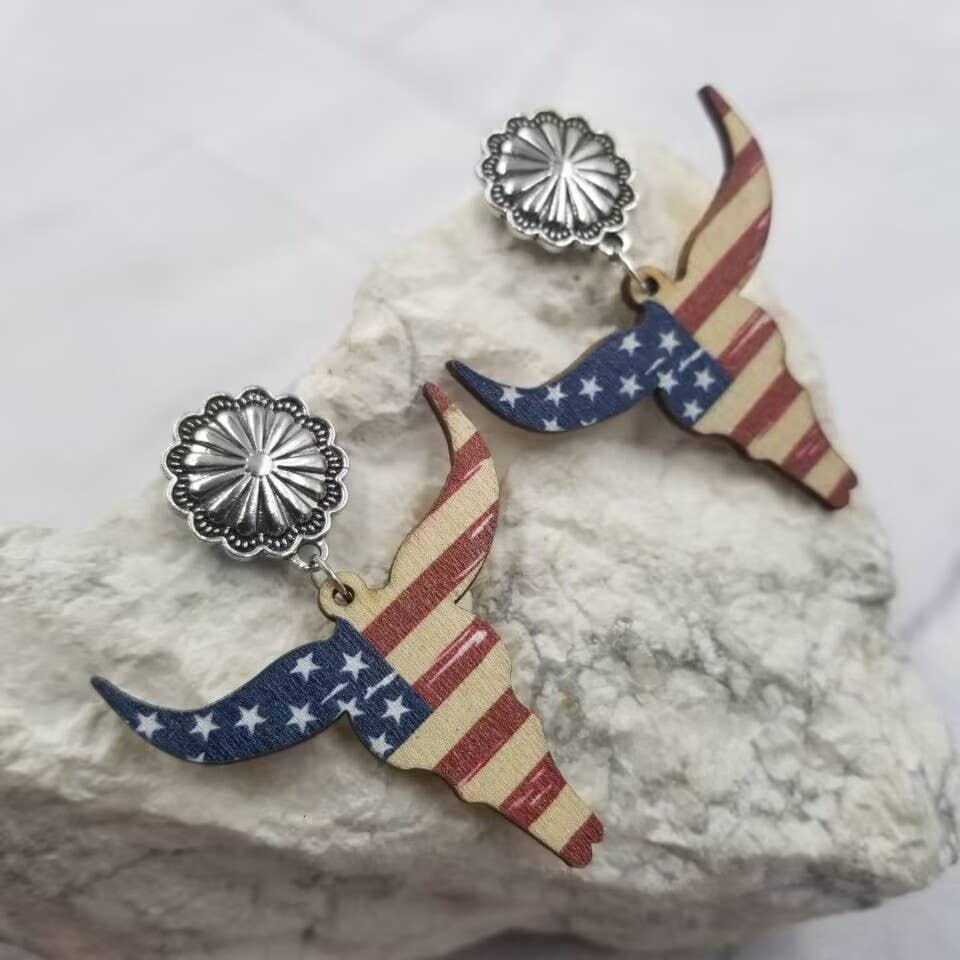 Patriotic Longhorn Wooden Earrings Angled