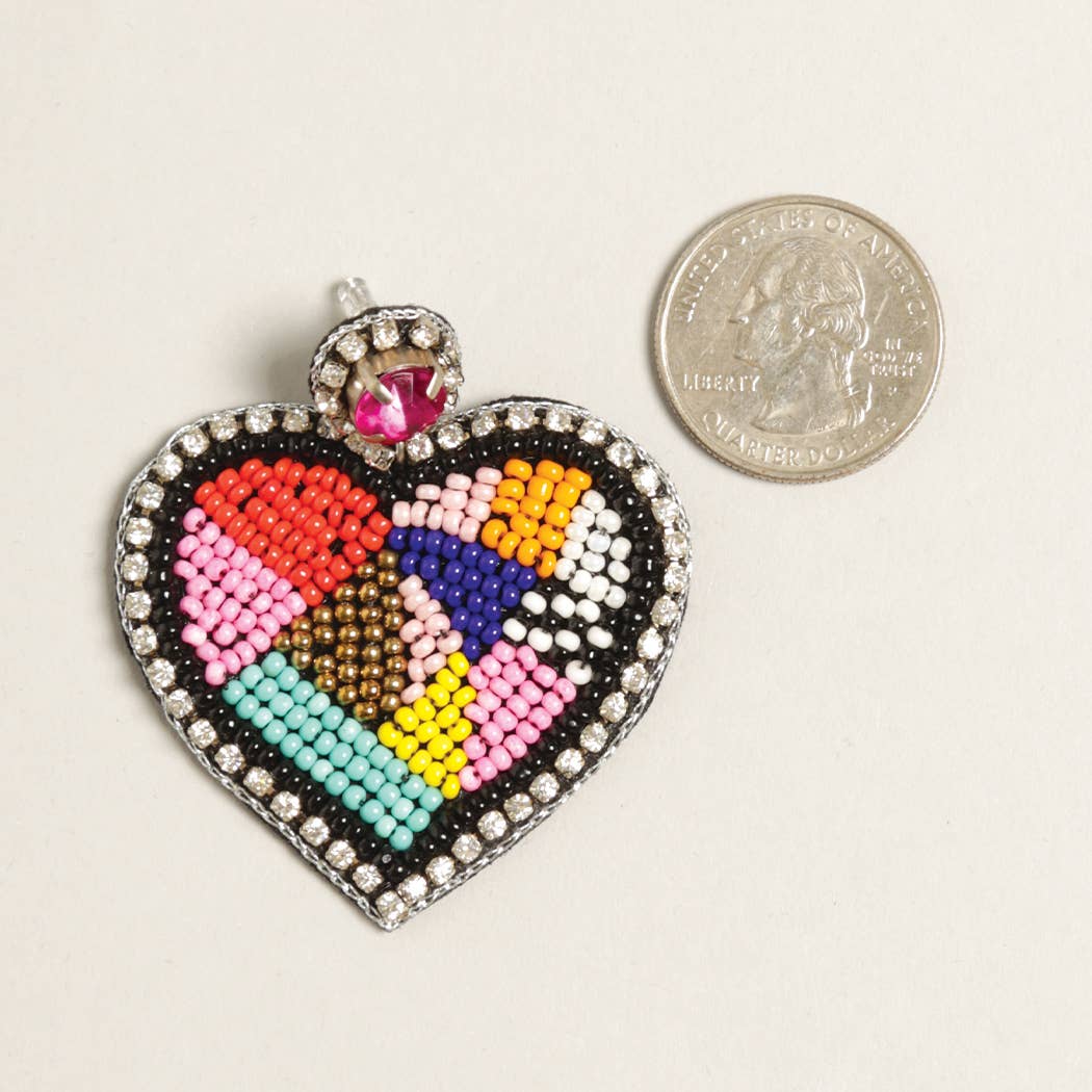 Large Colorful Beaded Heart Earrings