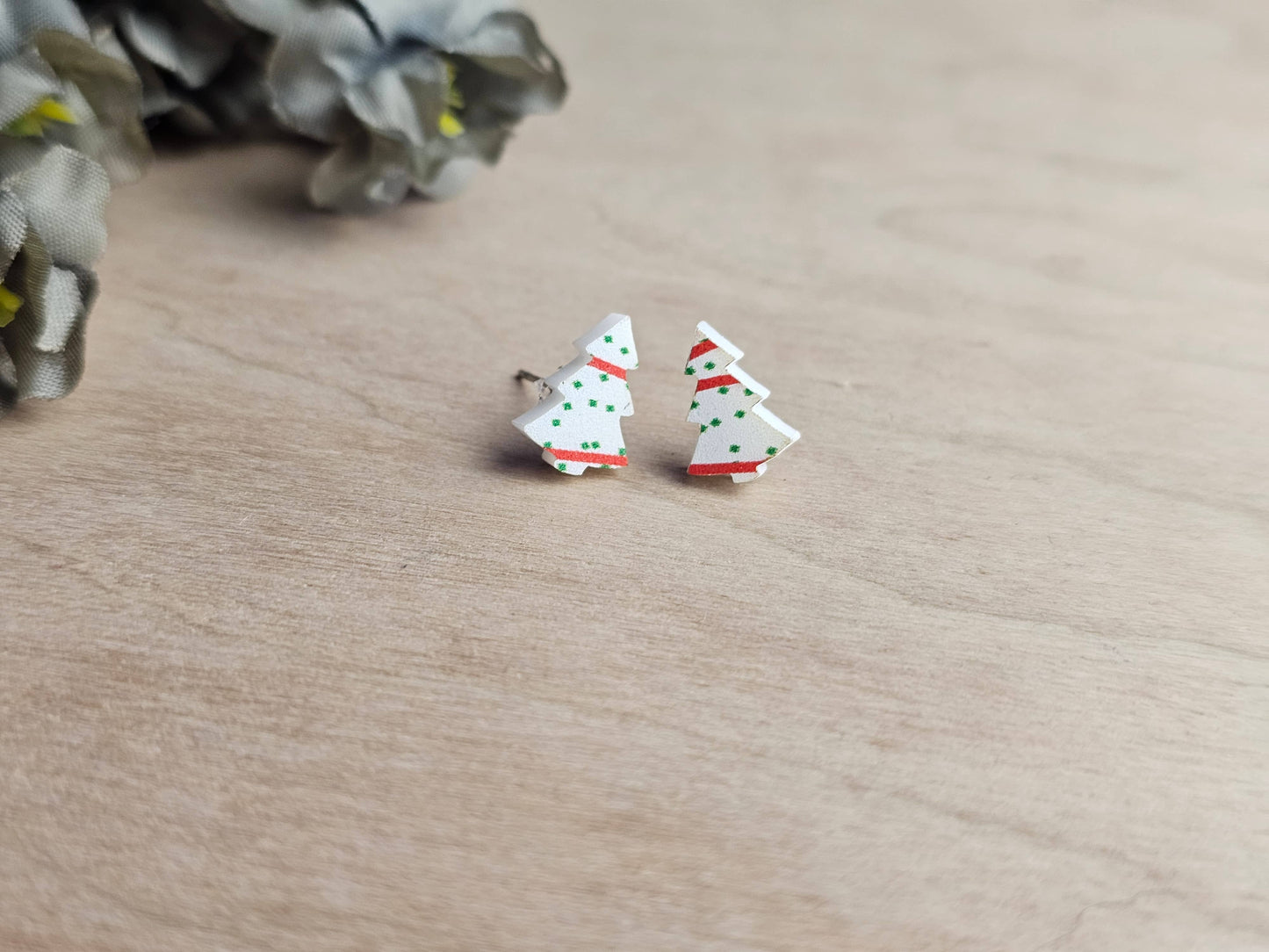 Mini Christmas Tree Cake Stud Earrings Angled Inward