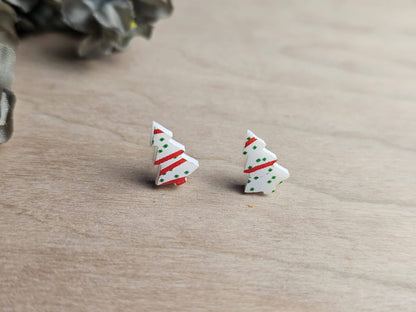 Mini Christmas Tree Cake Stud Earrings Angled Left