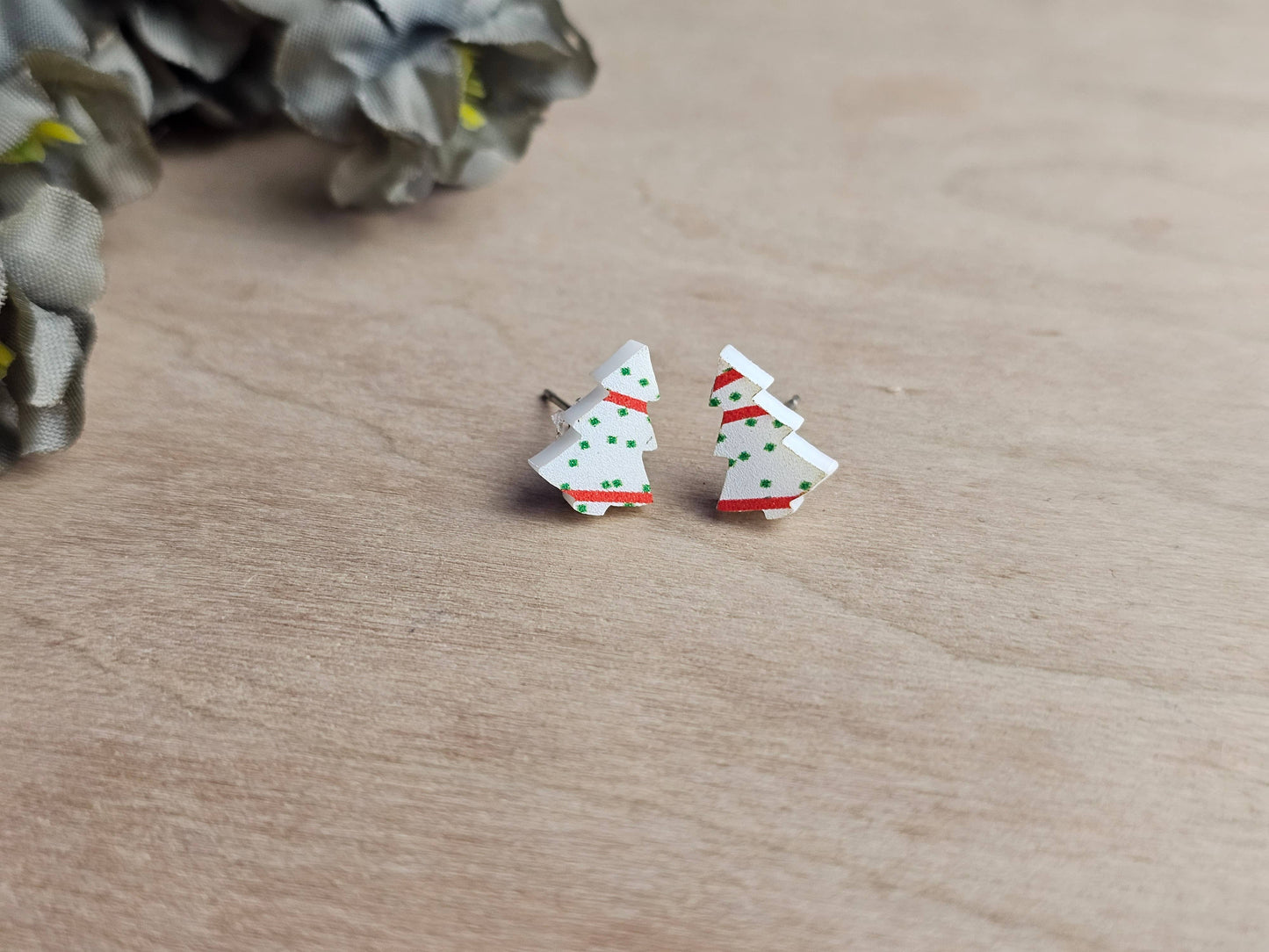 Mini Christmas Tree Cake Stud Earrings Up Close