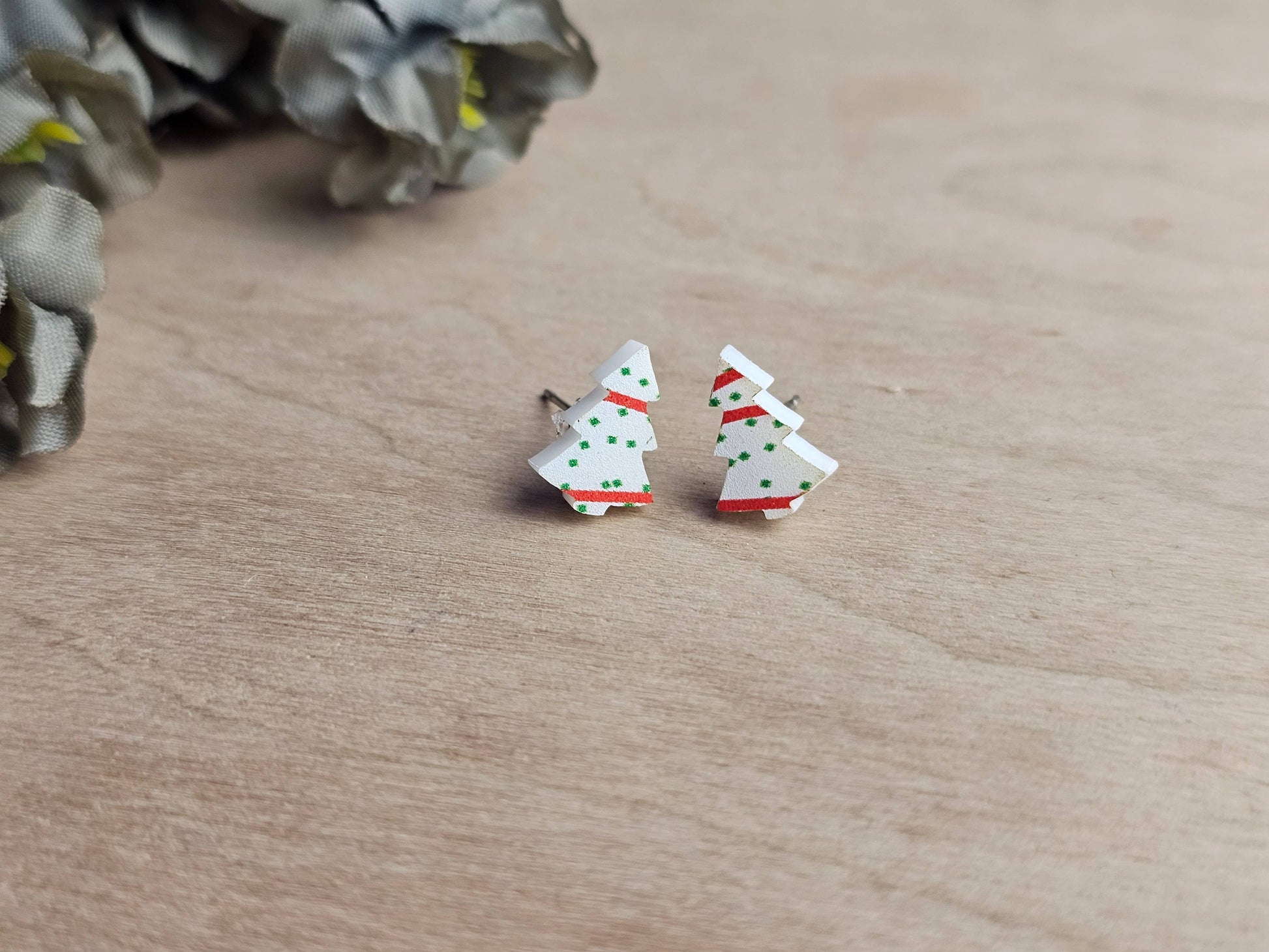 Mini Christmas Tree Cake Stud Earrings Up Close
