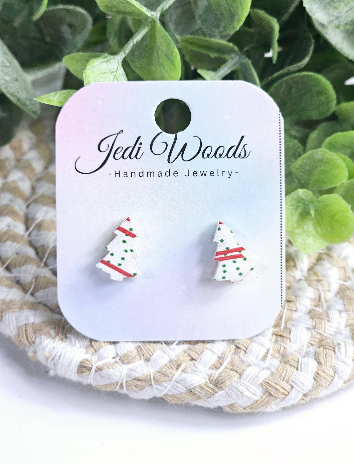 Mini Christmas Tree Cake Stud Earrings on Earring Card